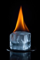 This captivating image presents a striking visual paradox: a clear, frosty ice cube ablaze with vivid orange and yellow flames, set against an intensely dark background. The pristine coldness of the i