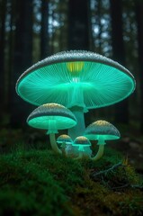 This captivating image showcases a cluster of fantastical mushrooms emitting a brilliant, otherworldly glow in a dark, enchanting forest environment. The largest mushroom stands prominently, its broad