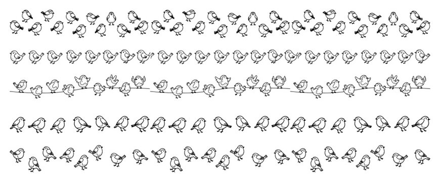 Hand drawn cute birds seamless borders set Vector doodle collection of little sparrow animals for spring design