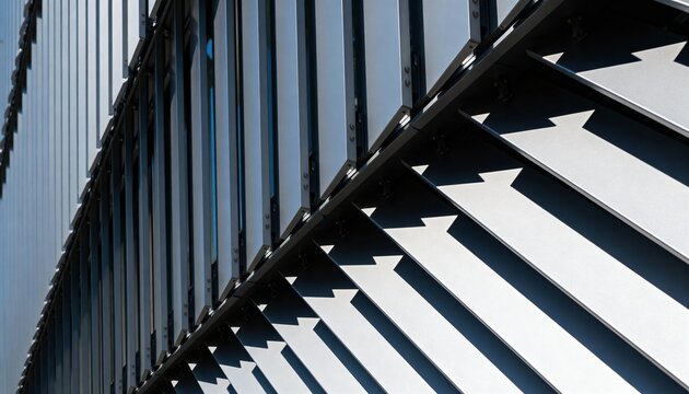 Closeup medium view of fixed adaptive louvers shifting angles to optimize daylight and shade balance.