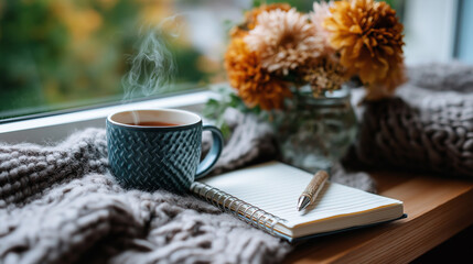 Cozy corner with gratitude journal, pen, knit throw and tea steam by window, muted fall palette, Thanksgiving, gratitude, journal, hygge, cozy, mindfulness, autumn, self care, home