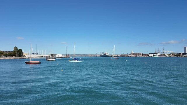 Portsmouth Harbour viewed from the Gosport side looking towards the Portsmouth waterfront and port.