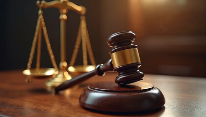 Scales of justice and wooden gavel on a judge desk. Symbol of law court, legal system, judgement, and order. Represents fairness and impartiality in proceedings.