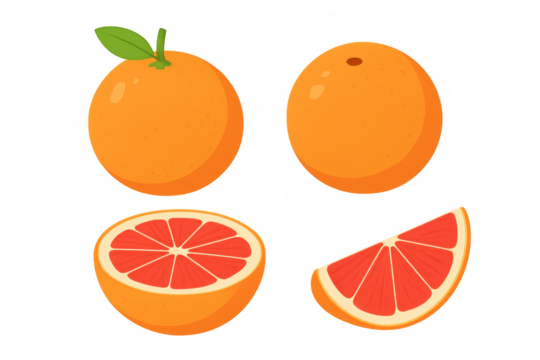 Grapefruit fruit set with whole, half, and slice pieces. Refreshing red citrus food, transparent background vector