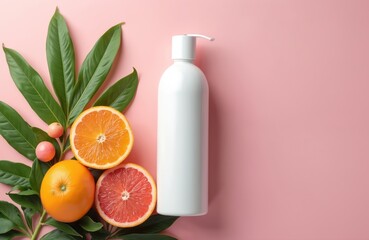 White pump bottle with oranges grapefruit and green leaves on pink background. Fresh citrus ingredients for cosmetics spa products. Natural organic beauty mockup.