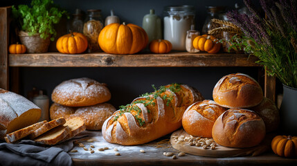 Rustic bakery shelves stacked with pumpkin loaves and braided breads, dusted flour in air, Thanksgiving, bakery, bread, pumpkin, artisan, warm, abundance, harvest, carbs, with copy
