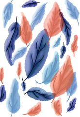 Pattern of falling Feathers in Blue and Orange watercolor for bohemian decor. Leaves on white background. Soft, fluffy Plumage. Textured quill. Hand-drawn artistic Boho print. Vector illustration.