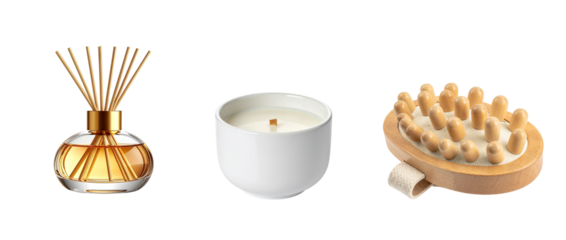 Aromatherapy diffuser, soy candle and wooden massage brush, PNG isolated on transparent background, wellness concept, realistic 4K