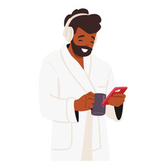 Man cartoon character wearing bathrobe and headphones with coffee listening audio using mobile phone