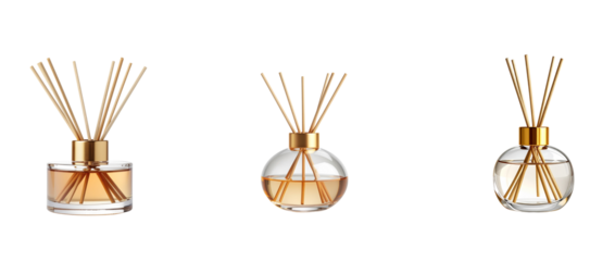 Aromatherapy reed diffusers, PNG isolated on transparent background, glass bottles with wooden sticks, minimalist spa composition, 4K product photo