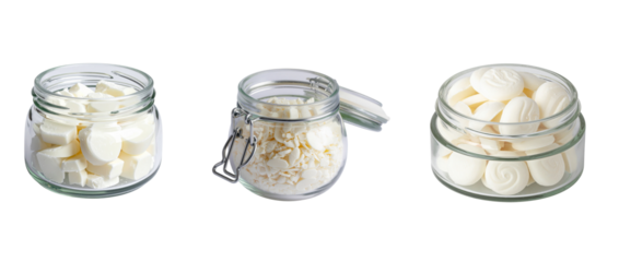Glass jars with bath melts, PNG isolated on transparent background, natural spa composition, handmade organic skincare, 4K realistic photo