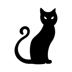Vector art of a sleek black cat with piercing eyes sits poised, its tail curled elegantly, , evoking mystery and feline grace in silhouette