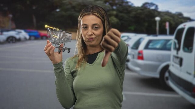 Woman holding small shopping cart and showing thumbs down in street; dissatisfaction consumer complaint.
