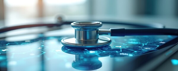 Stethoscope rests on digital tablet displaying glowing medical network interface. Modern healthcare tech connects patient data with doctor analysis on screen.