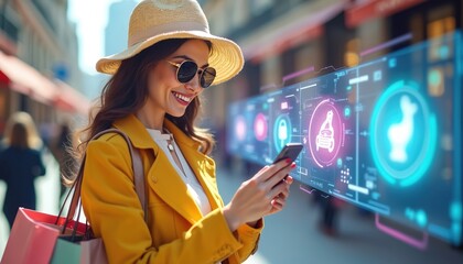 Smiling young woman in hat, sunglasses uses phone on city street. Carries shopping bags. Augmented reality interface with digital icons displays info, blending real world shopping with modern tech