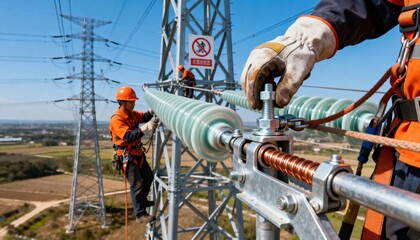 Naklejka premium View of workers installing insulators and wiring on towering power lines capturing the infrastructure behind power transmission.