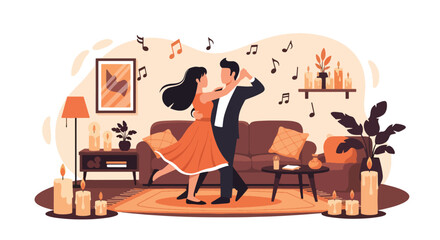 A cozy flat vector of romantic couple dancing in living room filled with candles and warmth, symbolizing joy and love at home