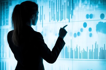 Female analyst reviewing data on digital screen in office