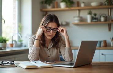 Stressed young woman working from home office in kitchen, using laptop, looking tired, upset. Female freelancer experiencing stress, working on computer. Unhappy adult woman resting glasses on table,