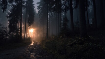 Fototapeta premium Enchanted Forest Pathway at Dusk with Sunlight Piercing Through Mist and Shadows Creating a Mysterious and Serene Atmosphere