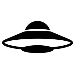 Vector art of a sleek black and white illustration of a flying saucer, showcasing its classic disc shape and central dome design