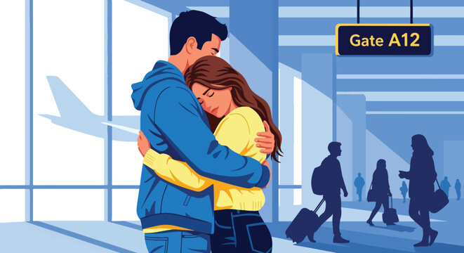 Flat vector of couple embracing goodbye at airport gate, emotional farewell moment representing long-distance love and hope