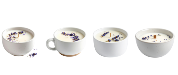 Lavender candles in white ceramic cups, PNG isolated on transparent background, cozy spa composition, realistic 4K wellness photo