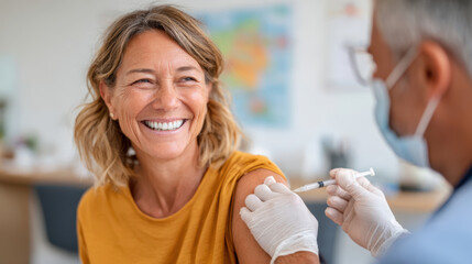 Woman smiling during vaccination in healthcare setting