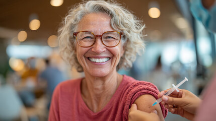 Smiling woman receiving vaccination in healthcare setting