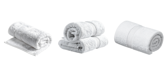 Rolled white spa towels, PNG isolated on transparent background, soft cotton texture, minimalist wellness composition, realistic 4K product photo
