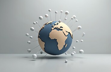 Abstract 3D globe model shows global network connections spreading outwards from earth surface. Tiny spheres link to main planet indicating data flow, communication, and futuristic tech.