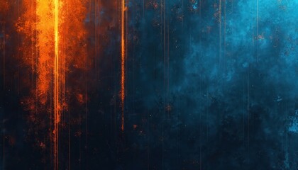 Abstract grunge background with orange light streaks on a dark blue textured surface. Vertical lines and dust particles add distressed detail. This digital art offers a retro aesthetic.