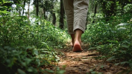Fototapeta premium Person Walking Barefoot on a Trail Surrounded by Lush Greenery and Trees in a Peaceful Natural Environment with Soft Earth and Vibrant Plants