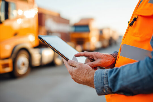 Worker using tablet in truck yard