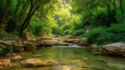 Obraz premium Serene Forest Stream with Lush Greenery and Gentle Flowing Water in Bright Sunlight Surrounded by Vibrant Foliage and Smooth Stones