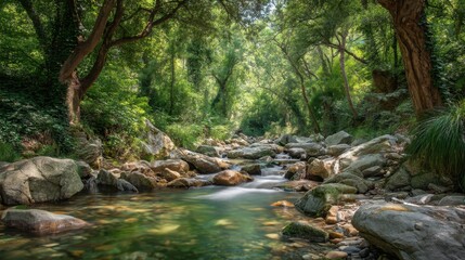 Tranquil Forest Stream Flowing Through Rocky Bed Surrounded by Lush Green Trees and Dense Foliage in a Peaceful Nature Landscape