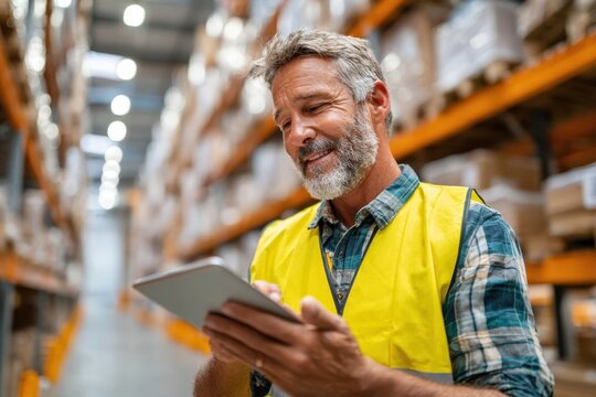 Warehouse Worker Using Tablet in Storage Facility