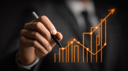 Business professional presenting a growing financial chart with a pen, representing investment, success, and market growth in a corporate environment.
