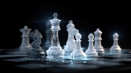 Abstract Digital Chessboard with Glowing Transparent Chess Pieces Representing Strategy and Competition in a Modern Conceptual Style