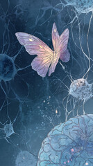 Glowing butterfly hovering above luminous neural brain symbolizing organoid intelligence, consciousness, and biotechnology fusion in surreal cosmic background for presentation and design.