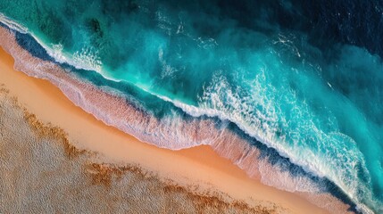 Fototapeta premium Aerial View of Ocean Waves Gently Crashing on Serene Sandy Beach with Vivid Blue Water and Soft White Foam at Coastal Paradise