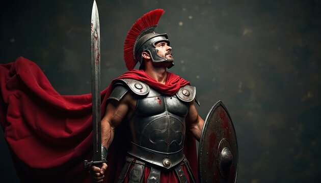 Roman soldier in armor and red cape holds sword and shield. Muscular man looks up, ready for battle. Warrior poses with bloody weapon, symbol of strength and honor. Epic historical concept.