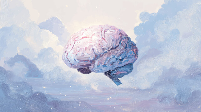 Futuristic pastel circuit brain floating in luminous sky clouds symbolizing organoid intelligence, cognitive computing, and biotechnology fusion background for innovative presentation design.
