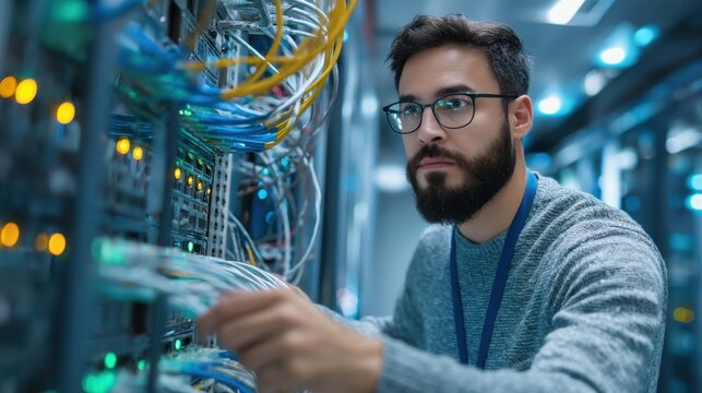 Young technician working on server rack in data center, managing network cables and hardware, ensuring optimal performance and connectivity for clients.