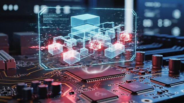 Futuristic digital interface displays network architecture over a complex computer circuit board.