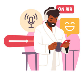 Bearded man cartoon character listening audio podcast in headphones while drinking morning coffee