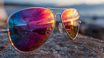Bright and vibrant reflections of a sunset captured in stylish sunglasses resting on a rock near the waters edge