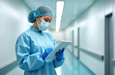 Female medic in blue uniform wears face mask and cap. She uses tablet showing stats in hospital corridor. Doctor checks patient data on screen.