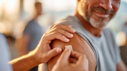 Smiling older man receiving a vaccination