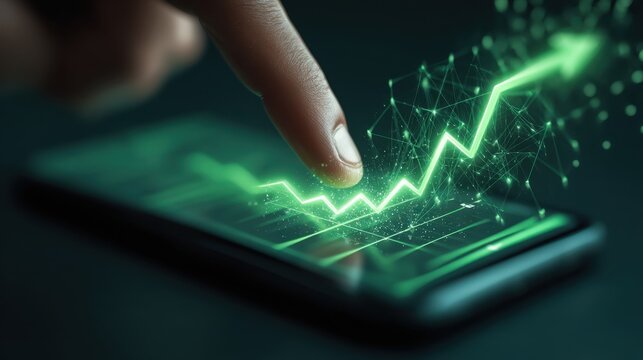 Hand Touching Smartphone Screen with Green Graph Ascending and Digitized Elements Representing Growth and Progress in Financial Technology Concept